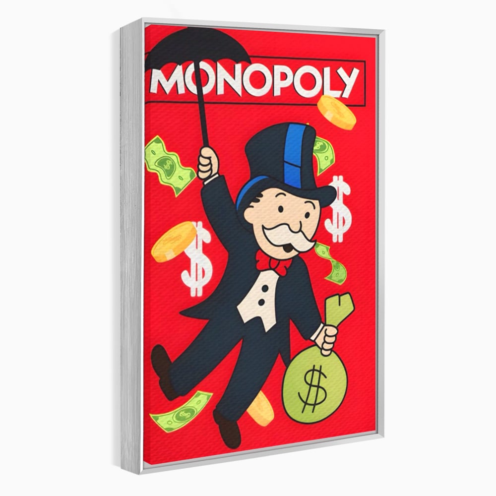 Tablou canvas cu tablou canvas cu domnul monopoly pe fond rosu, in rama de aluminiu argintiu